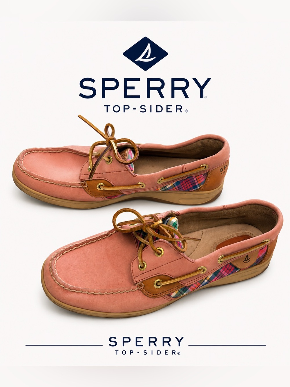 Sperry Top-Sider Coral Pink Leather Boat Shoes with Plaid Accent